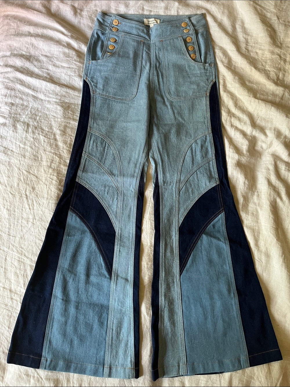 Chasing Unicorns 🪬 Patchwork Red Hot Denim Flares sz Small - Picture 7 of 13